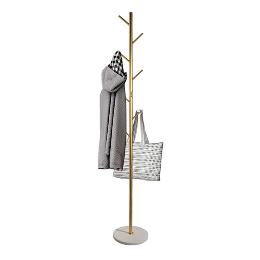 SKY-TOUCH Free Standing Hall Coat Tree with 7 Hooks, Stand Tree Rack with Marble Round Base, Entryway Coat Stand for Purses, Clothes, Scarves, for Hallway, Bedroom, Living Room, Golden-170*30*30cm