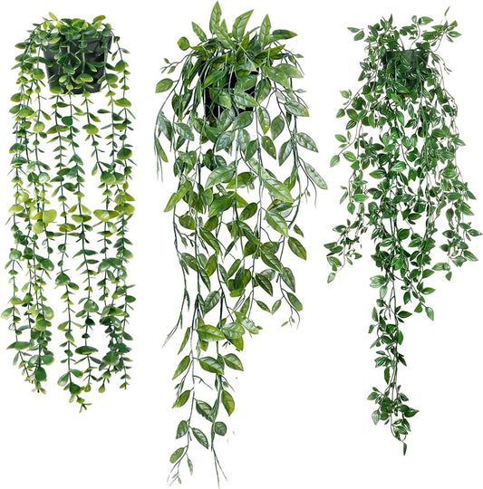 SKY-TOUCH 3Pack Potted Artificial Plants Set, Potted Artificial Green Plants Including Datura, Eucalyptus, And Black Peas Set IIn Pot Plants, For Office Fake Foliage Pendant Plant Home Decor