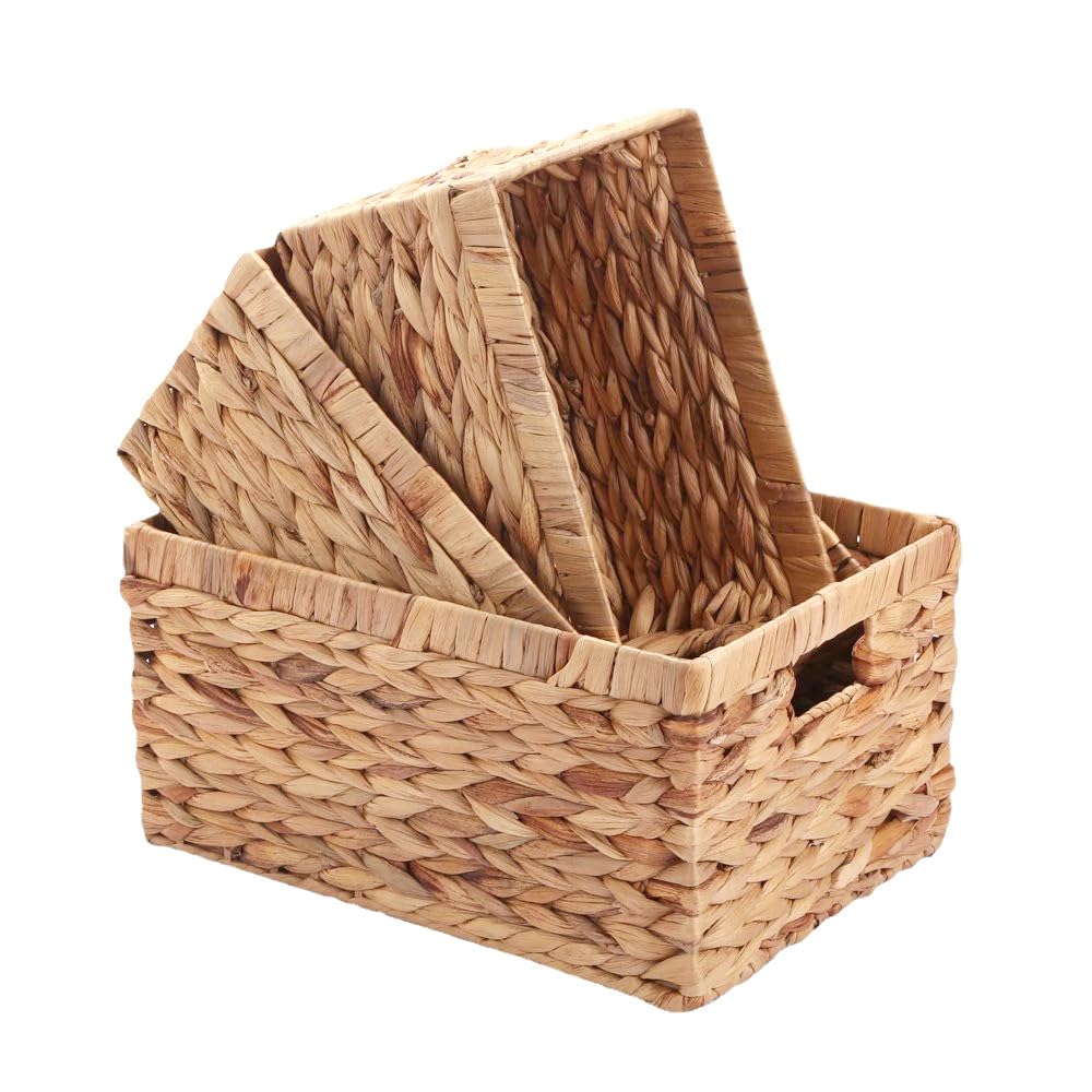 SKY-TOUCH Wicker Storage Baskets Set of 3, Handwoven Paper Rope Baskets with Wooden Handles, Decorative Organizer for Tabletop, Cabinet, Shelf, Pantry and Home Storage