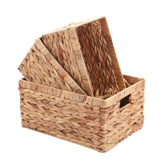 SKY-TOUCH Wicker Storage Baskets Set of 3, Handwoven Paper Rope Baskets with Wooden Handles, Decorative Organizer for Tabletop, Cabinet, Shelf, Pantry and Home Storage