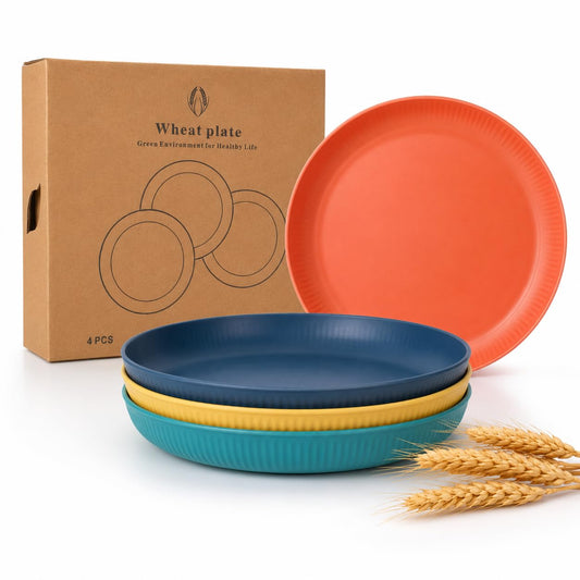SKY-TOUCH 4 Pack Wheat Straw Plates, Reusable Unbreakable Plates with 3D Textured Stripe Design, BPA-Free Dishwasher Safe Dinner Plates for Salad Dessert Snacks Kitchen Dining