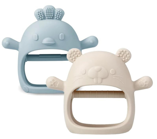 SKY-TOUCH 2 Pack Silicone Baby Teething Mittens, Hand Teether Gloves for 3+ Months, BPA-Free Silicone, Anti-Drop Teether for Gum Relief (White/Blue)