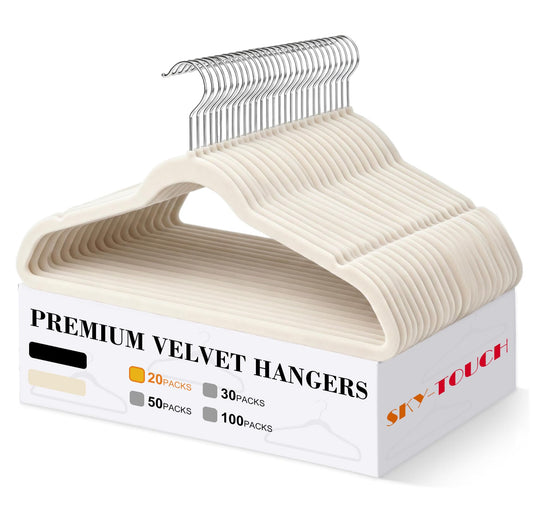 SKY-TOUCH 20pack Non-Slip Velvet Hangers,Ultra Thin Space Saving Suit Hangers,with Tie Bar & 360° Hook,for Suits, Jackets & Clothes- Home Storage Solution (Beige)