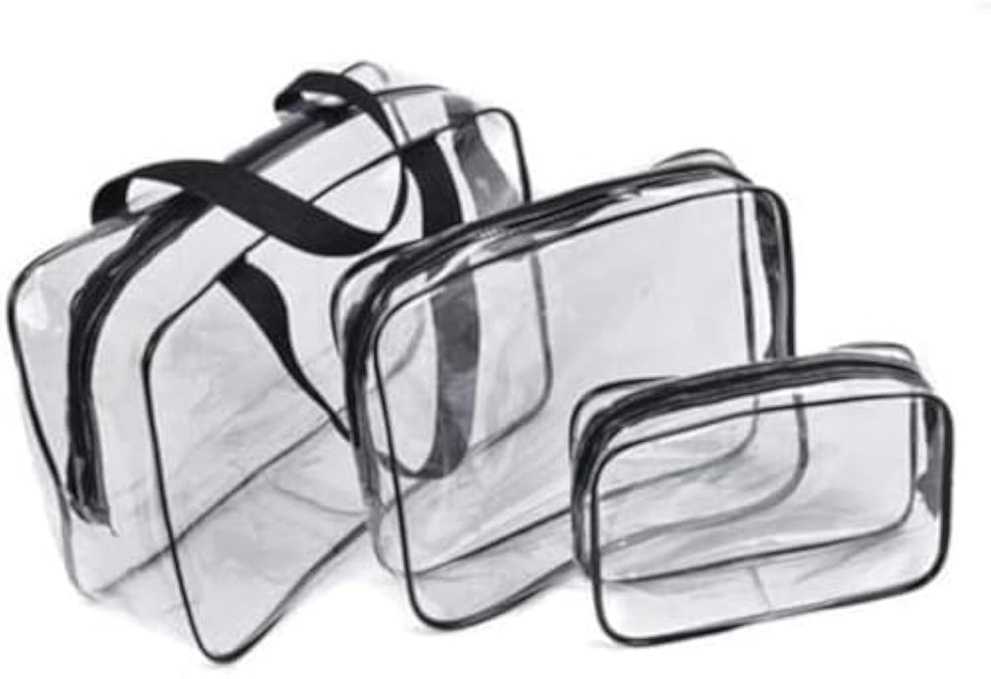 3Pcs Clear Cosmetic Bag Vinyl Air Travel Toiletry Bags Bulk, Water Resistant PVC Packing Cubes with Zipper Closure & Carry Handle for Women Baby Men, Make up brush Case Beach Pool Spa Gym Bag, Black