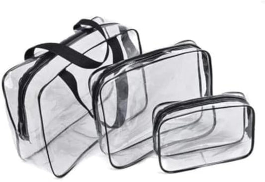 3Pcs Clear Cosmetic Bag Vinyl Air Travel Toiletry Bags Bulk, Water Resistant PVC Packing Cubes with Zipper Closure & Carry Handle for Women Baby Men, Make up brush Case Beach Pool Spa Gym Bag, Black