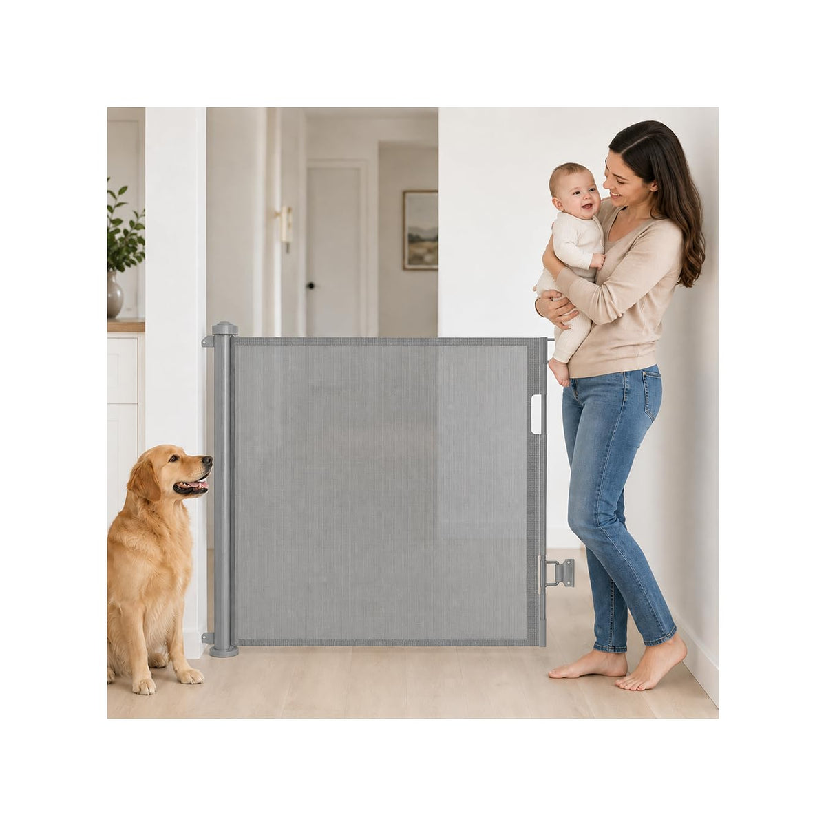 SKY-TOUCH Retractable Baby Safety Gate (180 x 86 cm Mesh Pet Gate) – Drill-Mount Installation, Adjustable Width Suitable for Stairs, Doorways, and Hallways, Grey