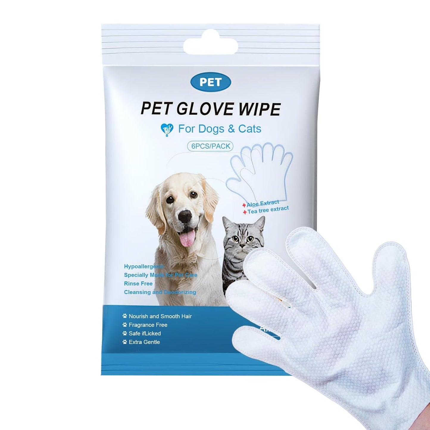 SKY-TOUCH 6Pcs Extra Thick Pet Washing Glove Wipe, Rinse-Free Cleaning & Deodorizing Bathing Mitts, Hypoallergenic Grooming Gloves, Moisturizing & Odor Control for Cat & Dog Daily Care and Travel