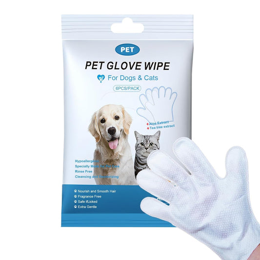 SKY-TOUCH 6Pcs Extra Thick Pet Washing Glove Wipe, Rinse-Free Cleaning & Deodorizing Bathing Mitts, Hypoallergenic Grooming Gloves, Moisturizing & Odor Control for Cat & Dog Daily Care and Travel