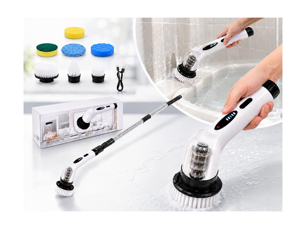 SKY-TOUCH Electric Rotating Cleaning Brush – Cordless Multi-Functional Scrubber with 7 Brush Heads, 2 Adjustable Speeds, Ideal for Bathrooms, Kitchens, Bathtubs & Glass Surfaces