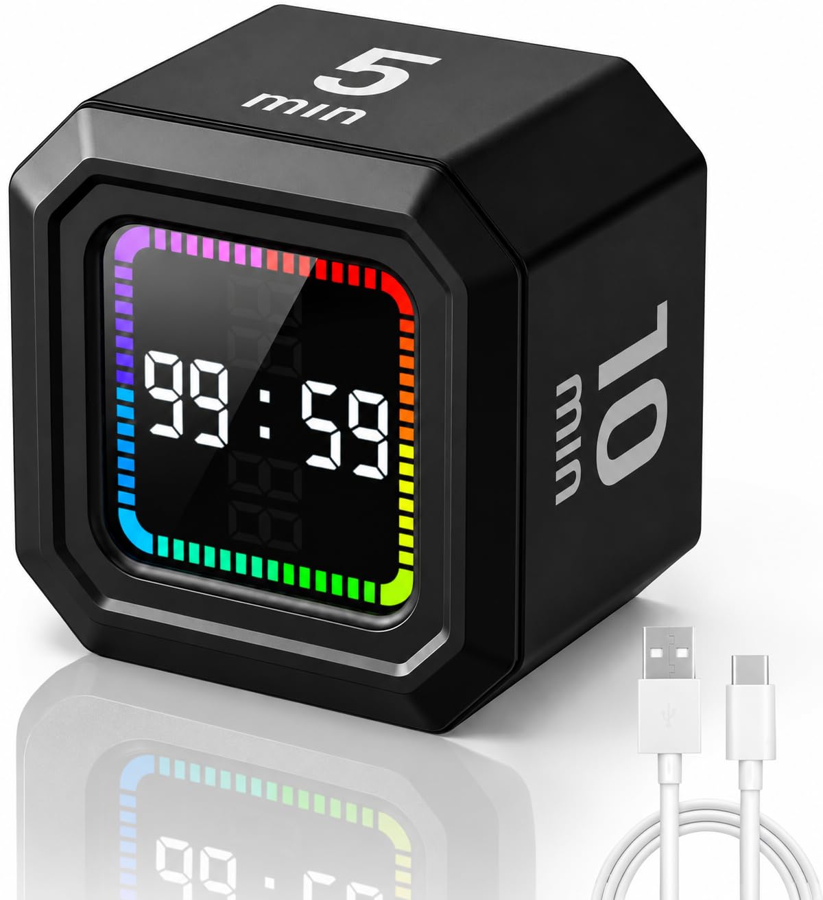 SKY-TOUCH Cube Timer, Flip Gravity Visual Timer with 5/10/25/45 Min Presets, Custom Count Up/Down, Magnetic Back, Rechargeable, 3 Alert Modes for Study, Work, Cooking (Black)