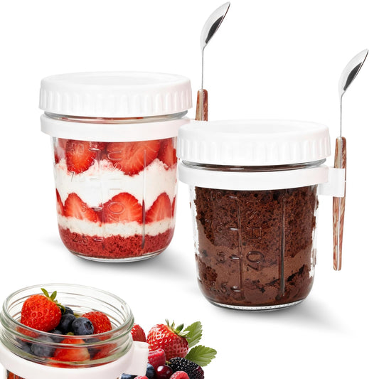 SKY-TOUCH 2 Pack Overnight Oats Jars, Overnight Oats Container with Lid and Spoon, 10 oz Cereal, Milk, Vegetable and Fruit Salad Storage Container with Measurement Marks (WHITE)