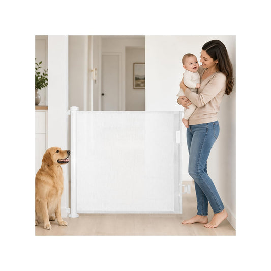 SKY-TOUCH Retractable Baby Safety Gate (180 x 86 cm Mesh Pet Gate) – Drill-Mount Installation, Adjustable Width Suitable for Stairs, Doorways, and Hallways, White