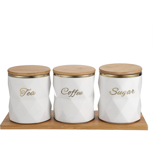 SKY-TOUCH Ceramic Canisters Set of 3 - Airtight Storage Jars for Sugar, Coffee & Tea | Elegant Kitchen Counter & Dining Room Decor with Lids