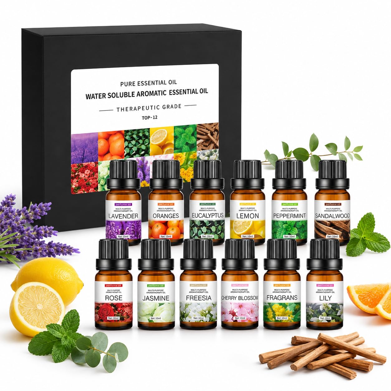 SKY-TOUCH Essential Oils Set, Premium Pure Oil for Diffusers, 100% Therapeutic Grade Aromatherapy Oils, Bottles*10mL x 12 for Sleep, SPA, Relaxation, Ideal for Diffuser & Humidifier - 12 Flavors
