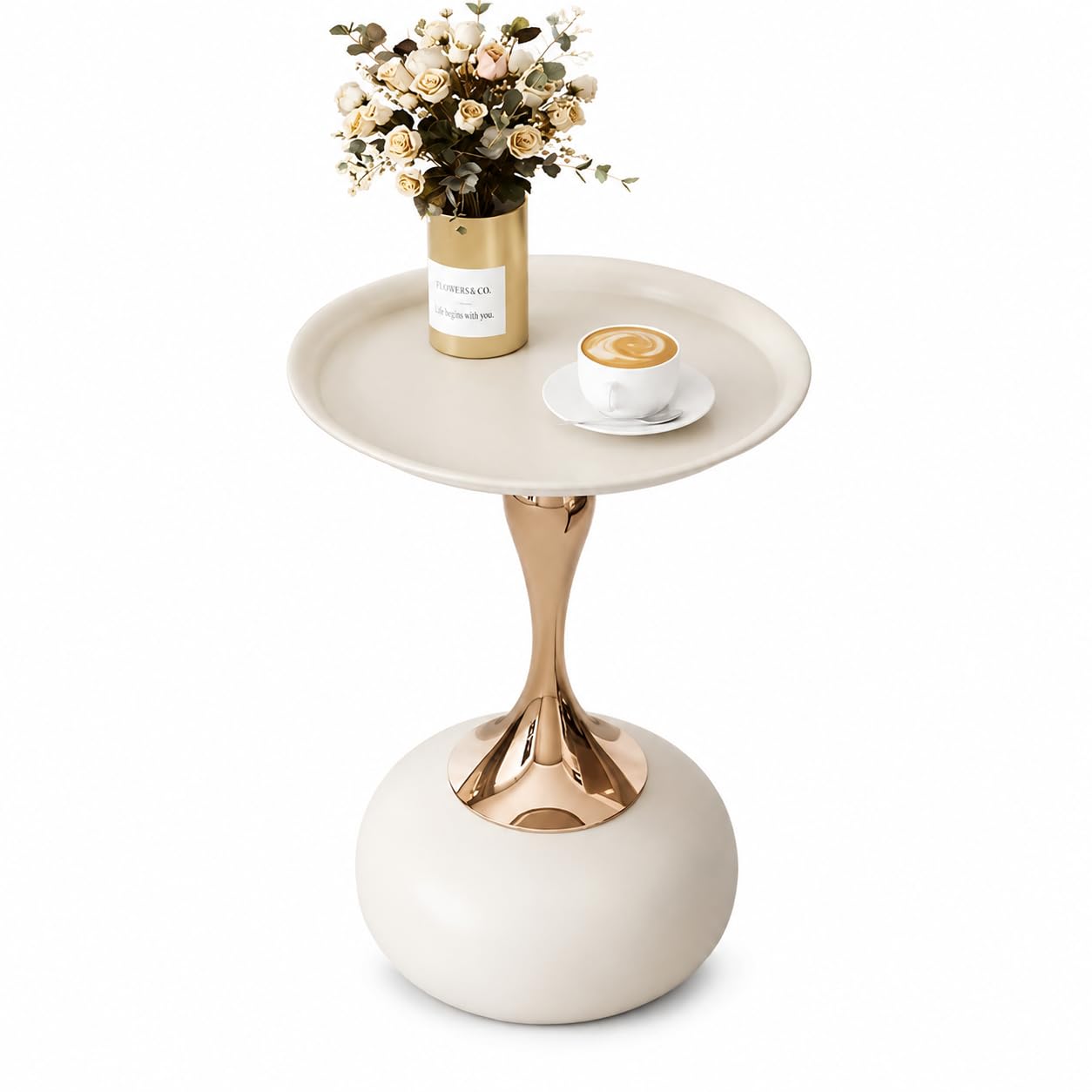 SKY-TOUCH Round Side Table, Slim-waisted Sofa Side Table, Modern Minimalist Style, Electroplated Metal Frame, Suitable For Small Spaces, Living Rooms, And Bedrooms, 39 * 39 * 55cm White