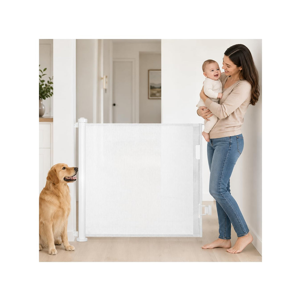 SKY-TOUCH Retractable Baby Safety Gate (150 x 86 cm Mesh Pet Gate) – Drill-Mount Installation, Adjustable Width Suitable for Stairs, Doorways, and Hallways, White