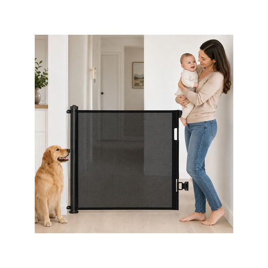 SKY-TOUCH Retractable Baby Safety Gate (150 x 86 cm Mesh Pet Gate) – Drill-Mount Installation, Adjustable Width Suitable for Stairs, Doorways, and Hallways, Black