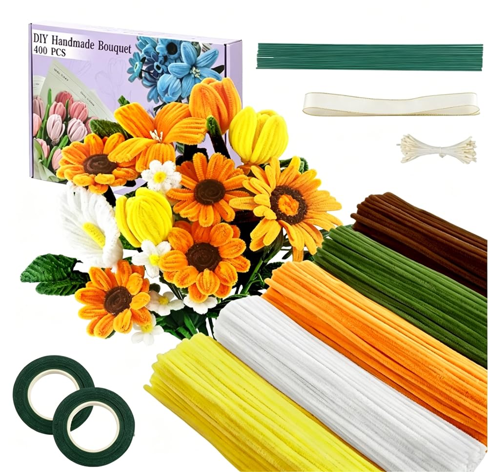 SKY-TOUCH Flower Pipe-Sunflower Stick Craft Kit: 440 Thickened Pipe Sticks In 5 Mixed Colors Includes Floral Wire And Ribbon Perfect for DIY Bouquet Making, Suitable For Birthdays, Graduations