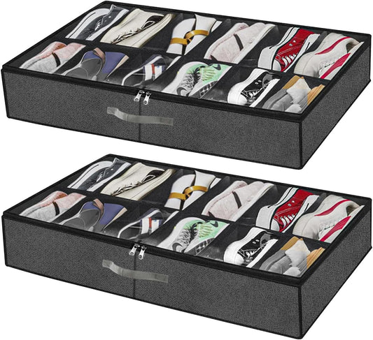 SKY-TOUCH UnderBed Shoe Storage Organiser Set of 2, Foldable UnderBed Shoe Organiser with Handles, Clear Foldable Shoes Containers Adjustable 24 Dividers with Bottom Support, 75x60x15cm