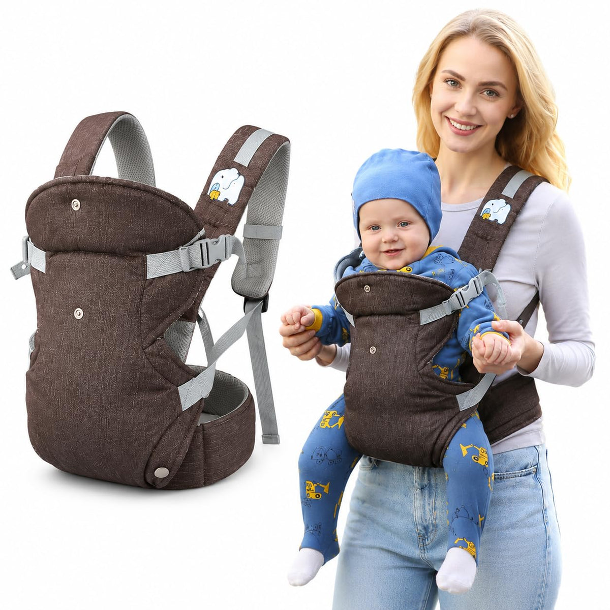 SKY-TOUCH 4-in-1 Baby Carrier, Ergonomic Convertible Infant Carrier with M-Shape Seat, C-Shape Support, Adjustable Shoulder Straps, Front Inward, Outward & Back Carry, Linen Fabric