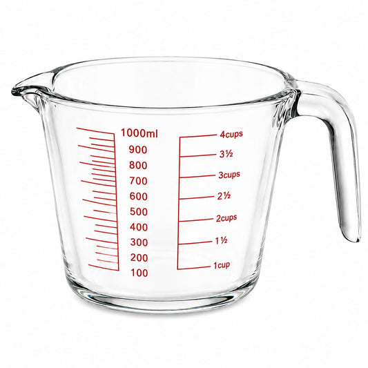 SKY-TOUCH 1000ml Glass Measuring Cup, Heat-Resistant Borosilicate Measuring Jug with Easy-Read Red Markings, Precision Pour Spout & Ergonomic Handle for Baking, Cooking, Mixing and Microwave Use