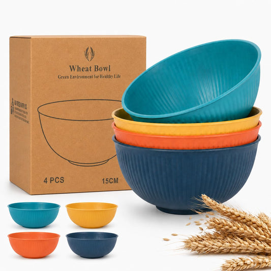 SKY-TOUCH 4 Pack Wheat Straw Bowls, 24 oz Reusable Unbreakable Bowls with 3D Textured Stripe Design, Lightweight BPA-Free Bowls, Dishwasher Safe Salad Soup Cereal Bowls for Kitchen Dining Outdoor Use