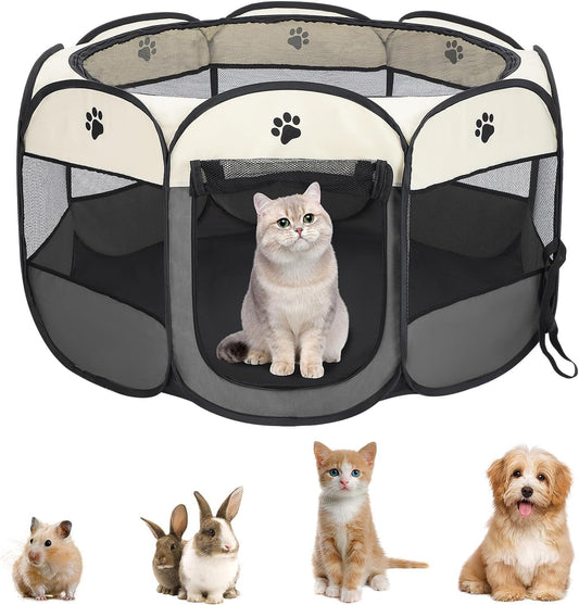 SKY-TOUCH Pet Playpen Portable Dog Pen Foldable Pop Up Cat Play Pen, Oxford Fabric Soft Dog Crate Cage Puppy Pen for Indoors Outdoor Travel,Folding Tent Whelping Box for Indoor, 82x82x59cm, Grey