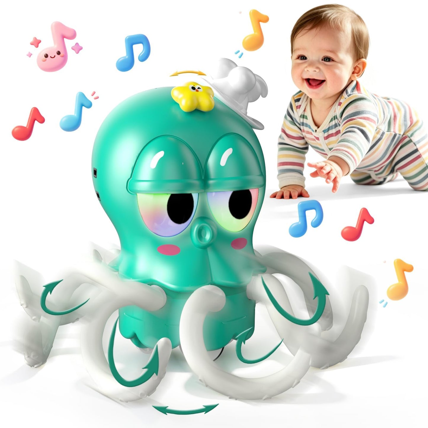 SKY-TOUCH Dancing Octopus Kids Toy, Baby Tummy Time Crawling Toys, Dancing Squid with Music & Light for Boys Girls, Infant Learning Crawling Walking Toy Toddler Birthday Gifts, 18 month+