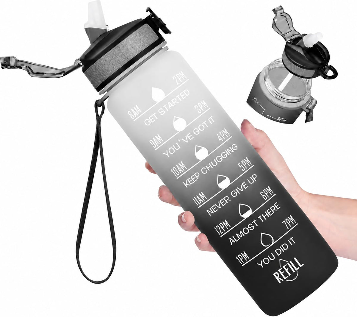 SKY-TOUCH 1L Sports Water Bottle : Motivational Water Bottle with Time Marker and Straw Leakproof Water Bottles for Fitness Gym and Outdoor Sports Black&White