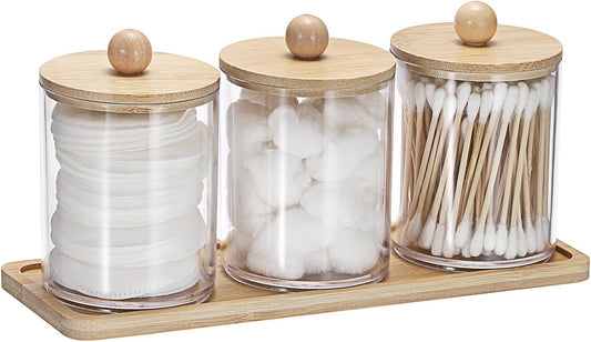 SKY-TOUCH 3-Pack Bathroom Jars Qtip Jars with Bamboo Lids, Acrylic Clear Apothecary Canisters for Cotton Balls, Q-tips, Floss, and Swabs – Includes Tray for Organized Bathroom Accessories