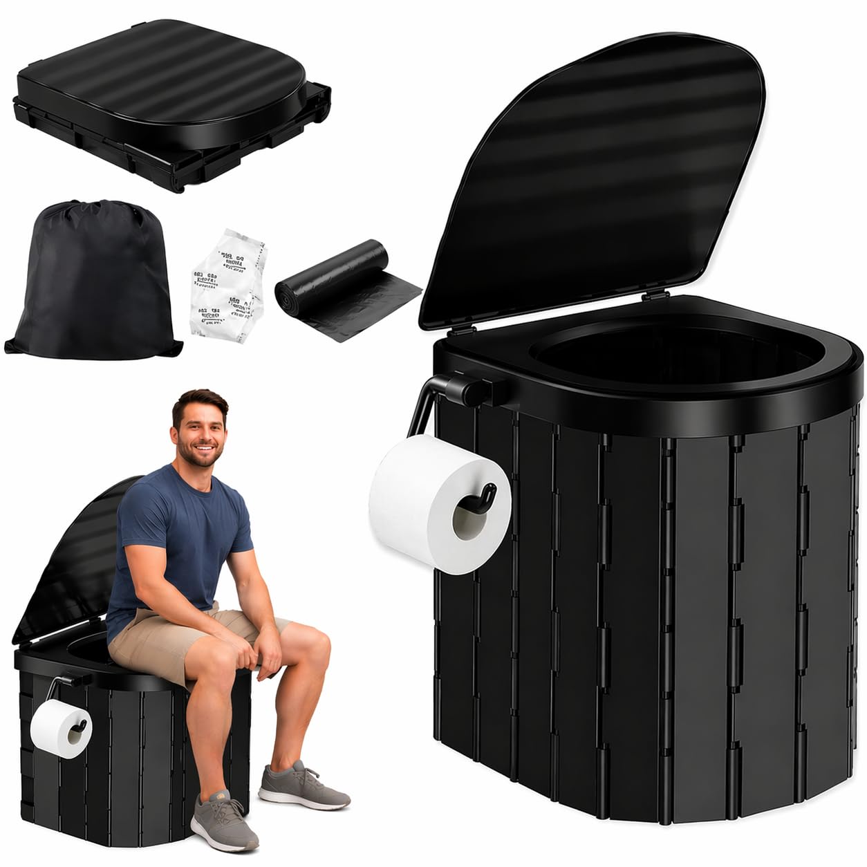 Sky-Touch Foldable Camping Toilet, Portable Travel Commode for Adults, Comes with Paper Holder, Garbage Bag and Curing Agent, Hiking, Road Trips, Beach, Emergency Use