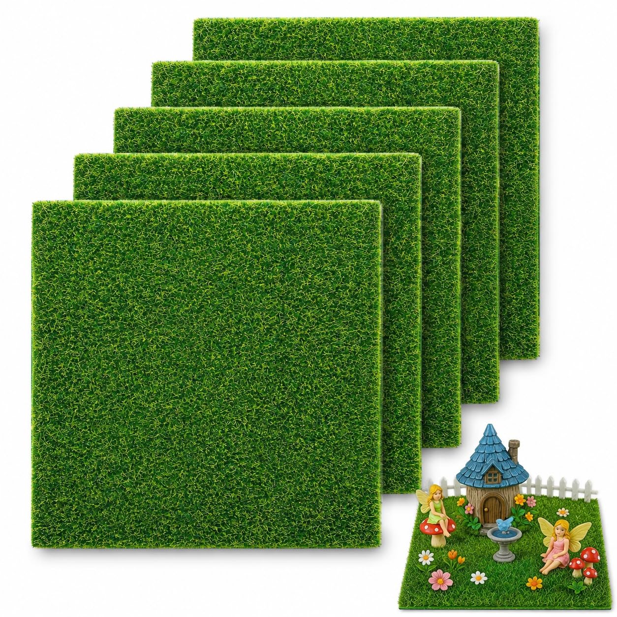 SKY-TOUCH 6PCS Artificial Moss Grass Tiles, 15x15cm Faux Green Grass Mat for Fairy Garden, DIY Micro Landscape, Miniature Garden, Dollhouse Decoration, Craft Projects and Table Decor