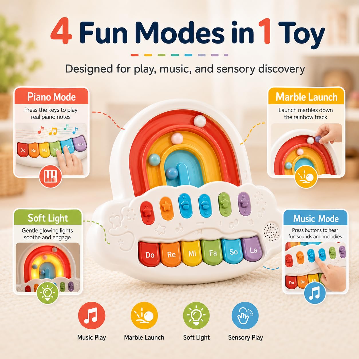 SKY-TOUCH 2 in 1 Baby Piano with Light Up Keyboard & Marble Game, 4 Modes Musical Learning for 12+ Months, Sensory Infant Gift for Boys & Girls