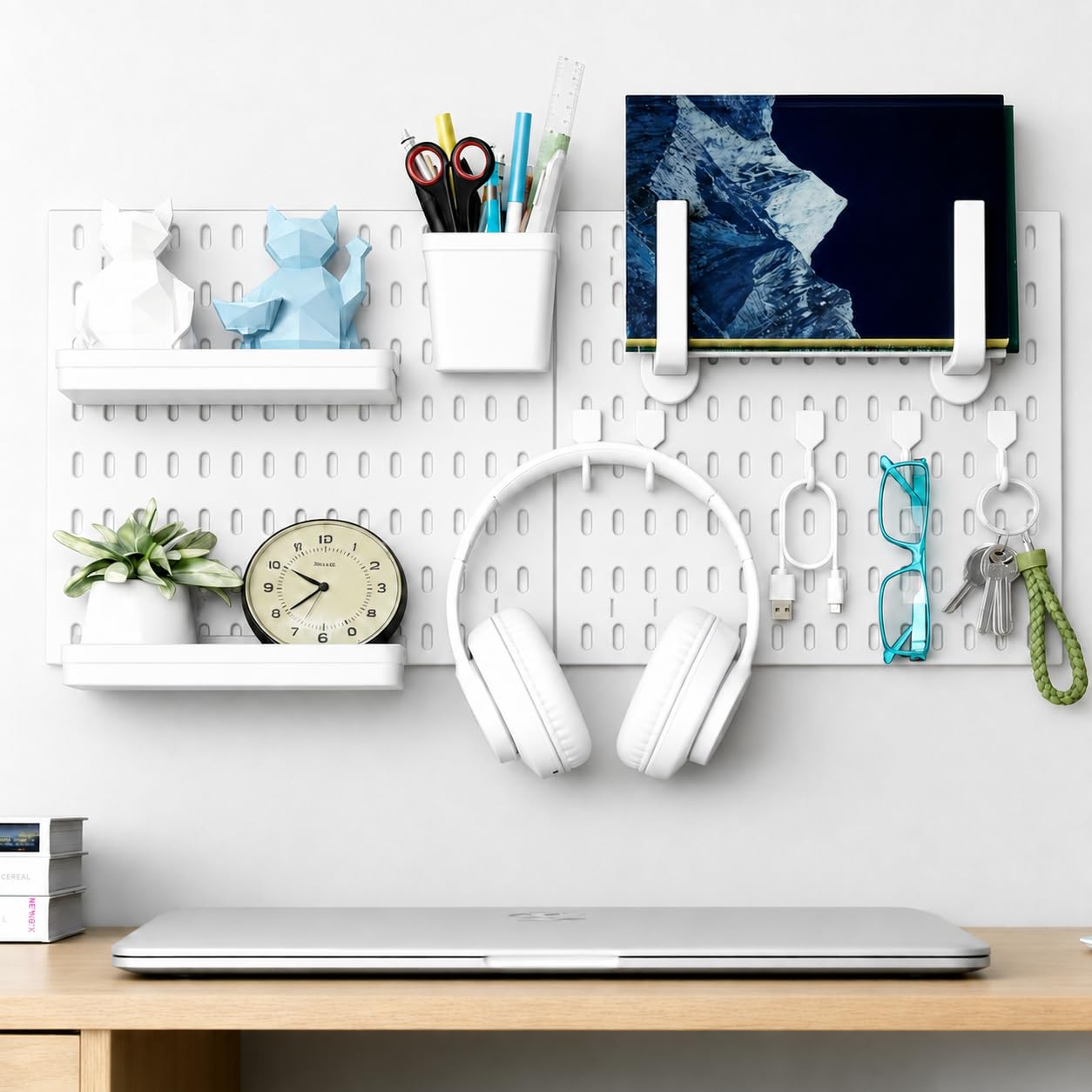 SKY-TOUCH Modular Pegboard Wall Organizer Kit - 2 Pegboards, 10 Accessories, No Drill Installation, Space-Saving Storage & Display for Kitchen, Office, Bathroom (White)