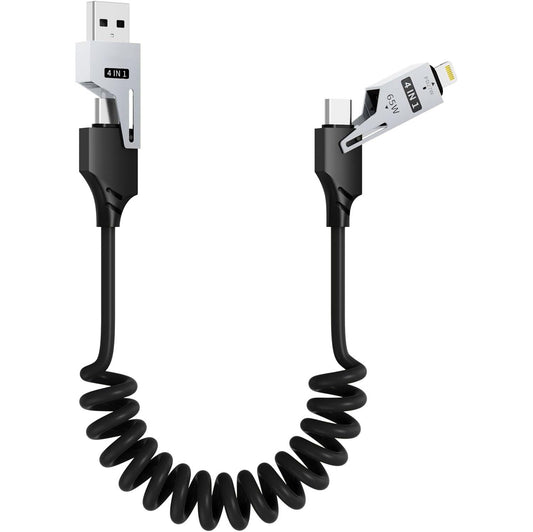 SKY-TOUCH 4-in-1 Spring-loaded Data Cable 1.5m Type-C 65W Super Fast Charging Cable Spring-loaded Multi-functional USB-C Cable Compatible with iPhone MacBook Laptops Tablets and Car Chargers black