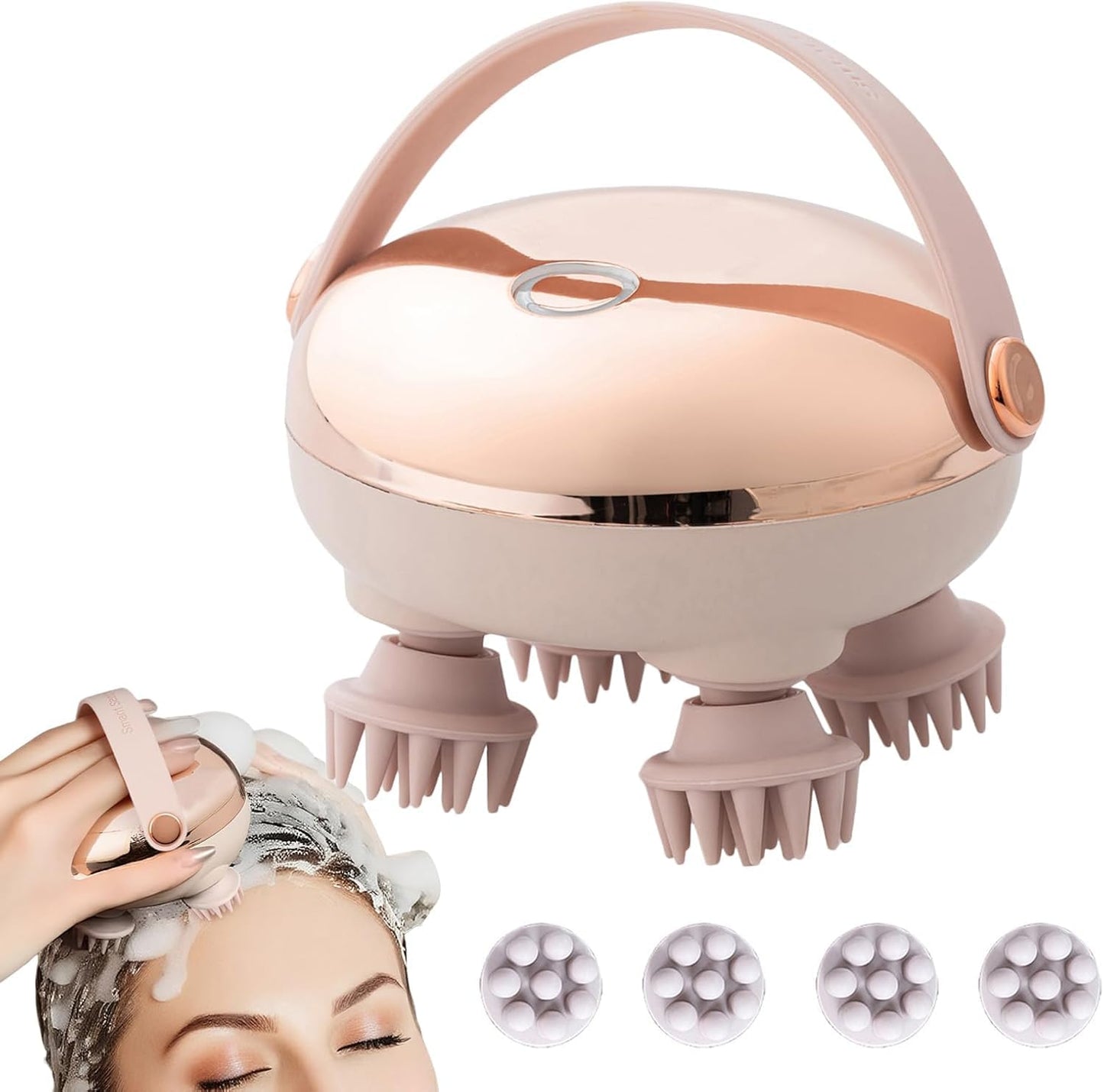 SKY-TOUCH Handheld Head Massager,Full Body Portable Massager,2 Massage Modes with 4 Silicone Massage Heads, 360° Rotating Kneading, Wet & Dry Use