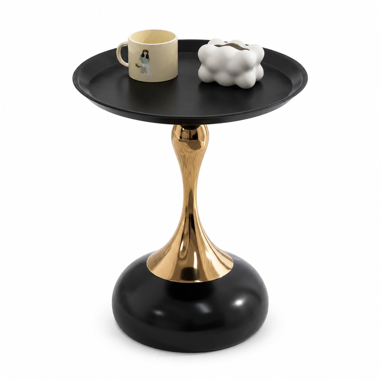 SKY-TOUCH Round Side Table, Slim-waisted Sofa Side Table, Modern Minimalist Style, Electroplated Metal Frame, Suitable For Small Spaces, Living Rooms, And Bedrooms, 39 * 39 * 55cm Black