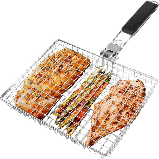 SKY-TOUCH Outdoor Barbecue Basket, Multi-Functional BBQ Grill, With Detachable Portable Handle, Suitable for Grilling Vegetables, Shrimp, Fish, And Steak 46.5cm * 32cm * 4cm