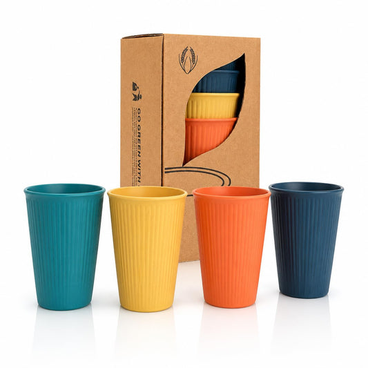 SKY-TOUCH 4 Pack Wheat Straw Cups, 12 oz Reusable Unbreakable Drinking Cups with 3D Textured Stripe Design, BPA-Free, Dishwasher Safe, Includes Yellow, Orange, Dark Blue & Dark Green
