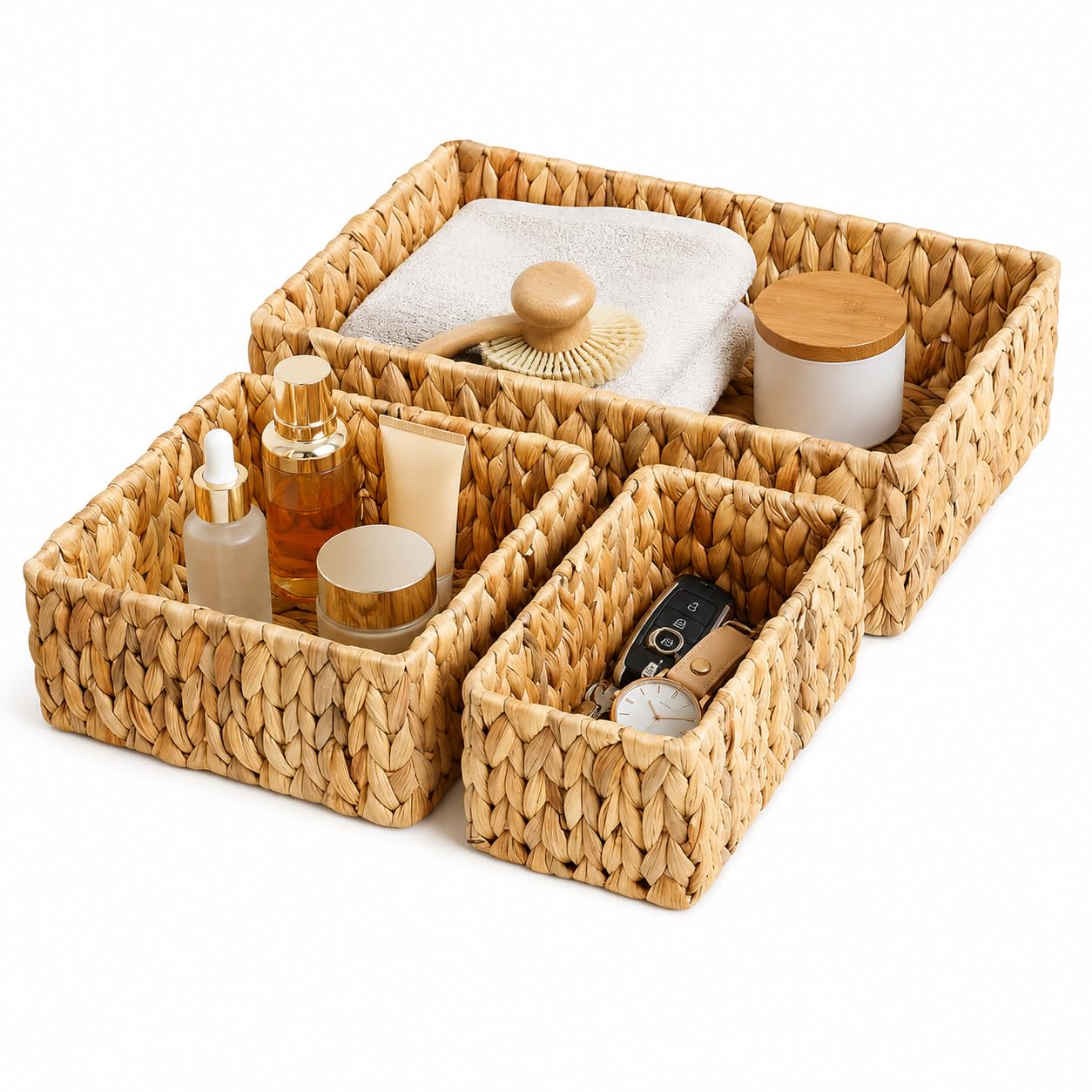 SKY-TOUCH Wicker Storage Baskets Set of 3, Handwoven Paper Rope Hanging Baskets, Large Medium Small Decorative Organizer Bins for Wall, Tabletop, Coffee Table, Cabinet, Shelf and Home Storage
