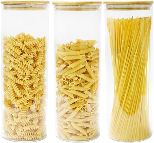 SKY-TOUCH 3 PACK Airtight Glass Jars with Bamboo Lids, Storage Jars with Labels, Airtight Food Containers, Clear Glass Bulk Food Canister for Food, Coffee, Spice, Sugar, Herb, Cookie, Tea, 10x10x30cm
