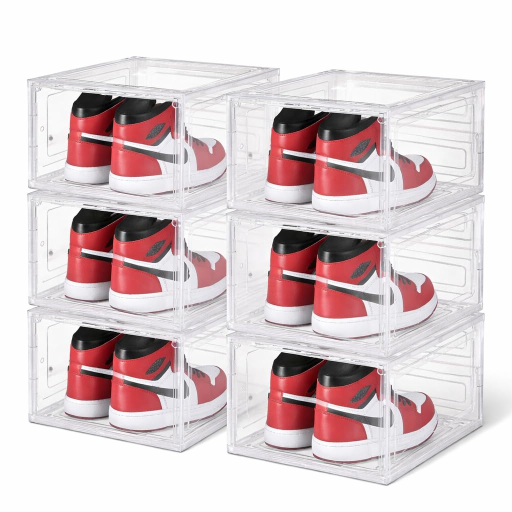 SKY-TOUCH Shoe Storage Box, 6 Pcs Shoe Box Clear Plastic Stackable, Sturdy Foldable Shoe Organizer Containers with Magnetic Door for Women/Men, White, 33.5x25x18cm