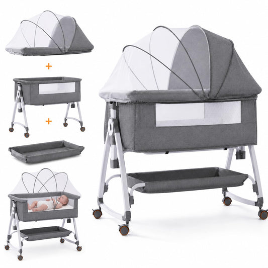 SKY-TOUCH Baby Bedside Crib Adjustable, Baby Cradle with Large Storage Basket, Travel Crib with Mattress Breathable Net,Mosquito Detachable, Soft s 360°Swivel Wheels, for Infants Newborn, Grey