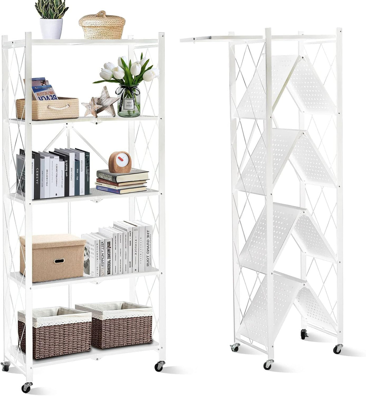 SKY-TOUCH 5 Tier Thickened Foldable Storage Shelves with Wheels, Heavy-Duty Metal Standing Shelf Units, Large Capacity Storage Racks for Kitchen, Garage, Basement, Tool Room, No Assembly (White)