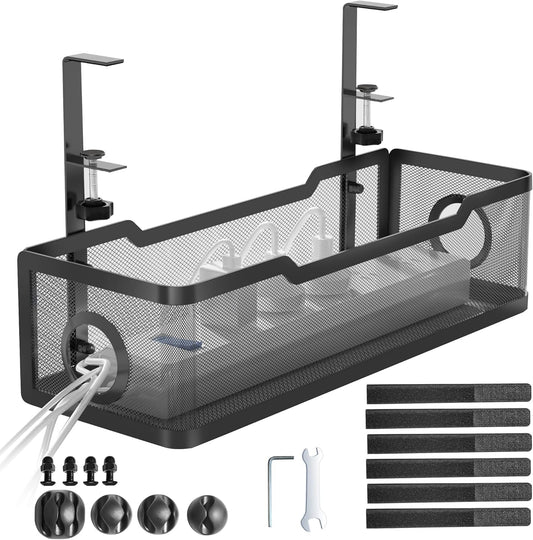 SKY-TOUCH Under Desk Cable Management Tray, Metal Cable Tray with Clamp for Desk Wire Management,Desk Cable Management Box for Office, Home - No Drill, Black 34x12x8cm