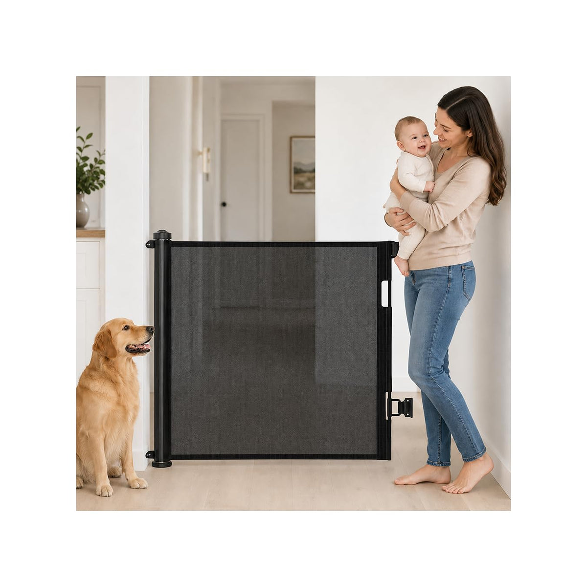 SKY-TOUCH Retractable Baby Safety Gate (300 x 86 cm Mesh Pet Gate) – Drill-Mount Installation, Adjustable Width Suitable for Stairs, Doorways, and Hallways, Black