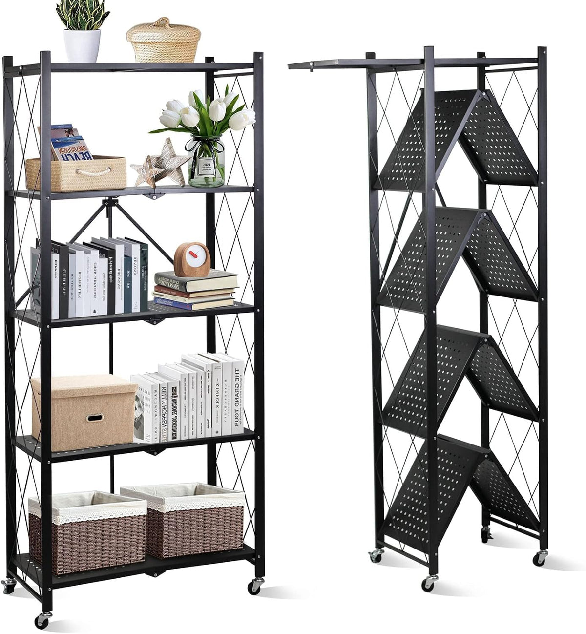SKY-TOUCH 5 Tier Thickened Foldable Storage Shelves with Wheels, Heavy-Duty Metal Standing Shelf Units, Large Capacity Storage Racks for Kitchen, Garage, Basement, Tool Room, No Assembly (Black)
