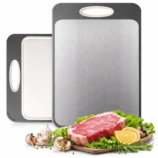 SKY-TOUCH Double Sided Chopping Board, Stainless Steel Food-Grade Chopping Board, Wheat Straw PP Cutting Board, Double-Side Using for Meats Vegetables Fruits,Scratch Resistant, Easy to Clean 35x25cm
