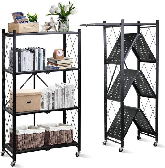 SKY-TOUCH 4 Tier Thickened Foldable Storage Shelves with Wheels, Heavy-Duty Metal Standing Shelf Units, Large Capacity Storage Racks for Kitchen, Garage, Basement, Tool Room, No Assembly (Black)