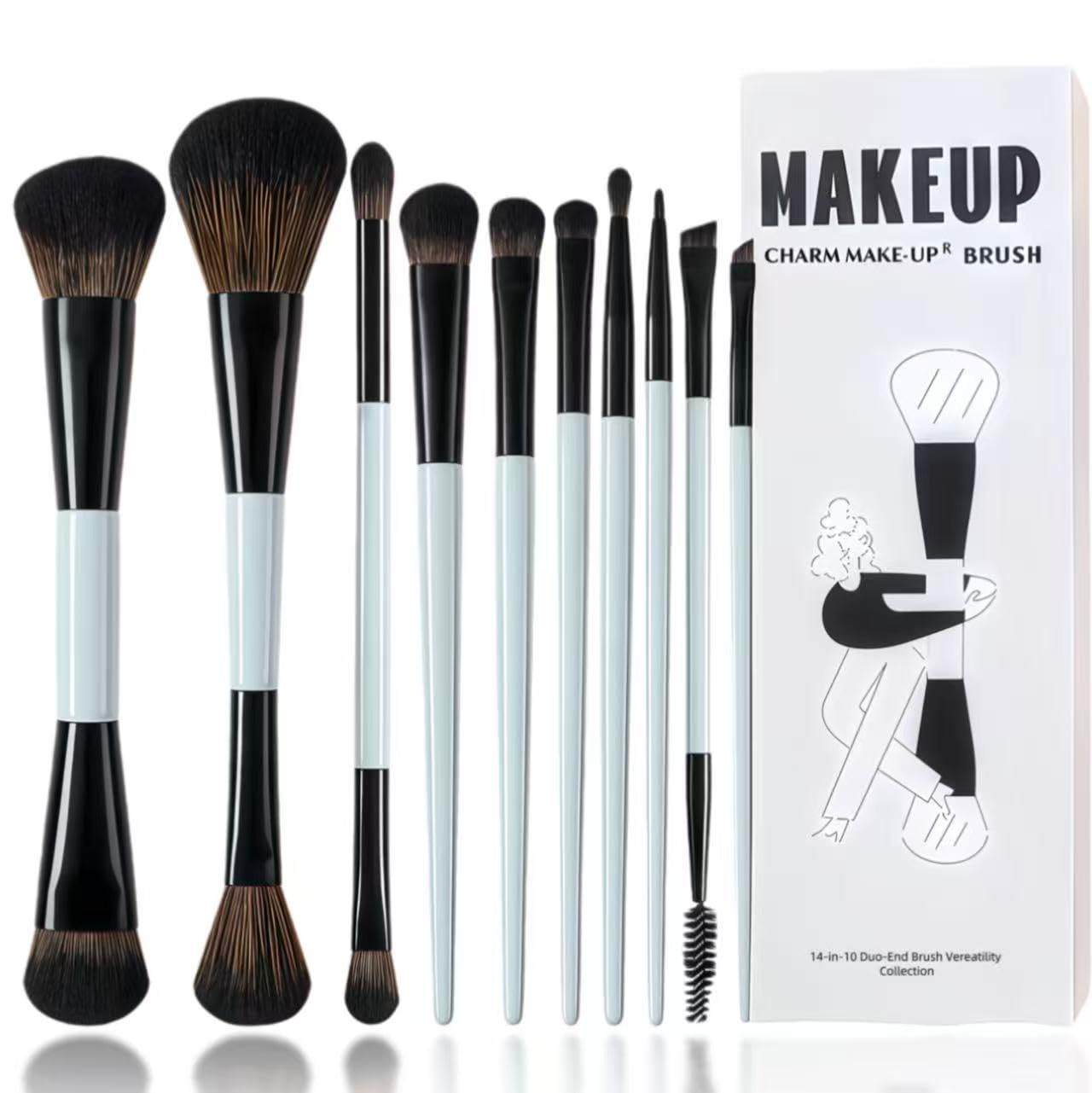 SKY-TOUCH 10 PCS Makeup Brush Set, Soft Double Sided Foundation Contour Blush Highlight Blending Eyebrow Brush Eyeshadow Eyeliner Concealer Brush Beauty Tools, Bright Cyan